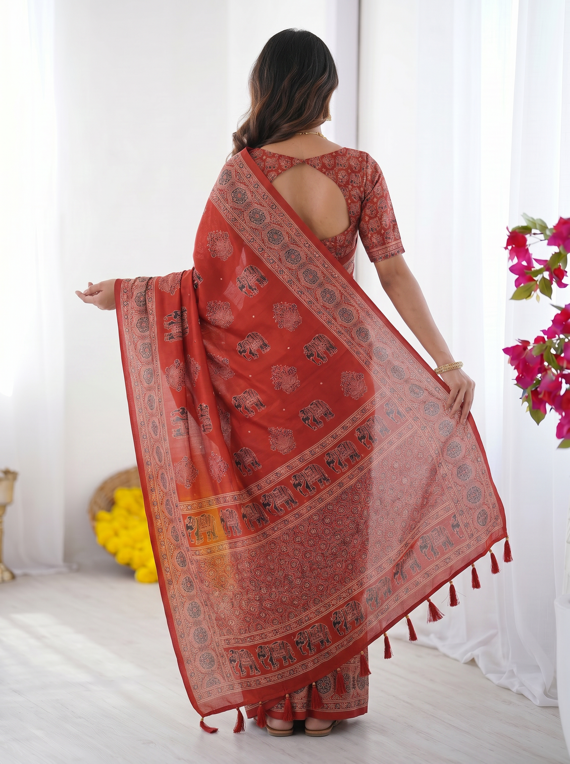 Rust red modal silk saree with elephant motif ajrakh print designer pallu traditional ethnic festive wear saree