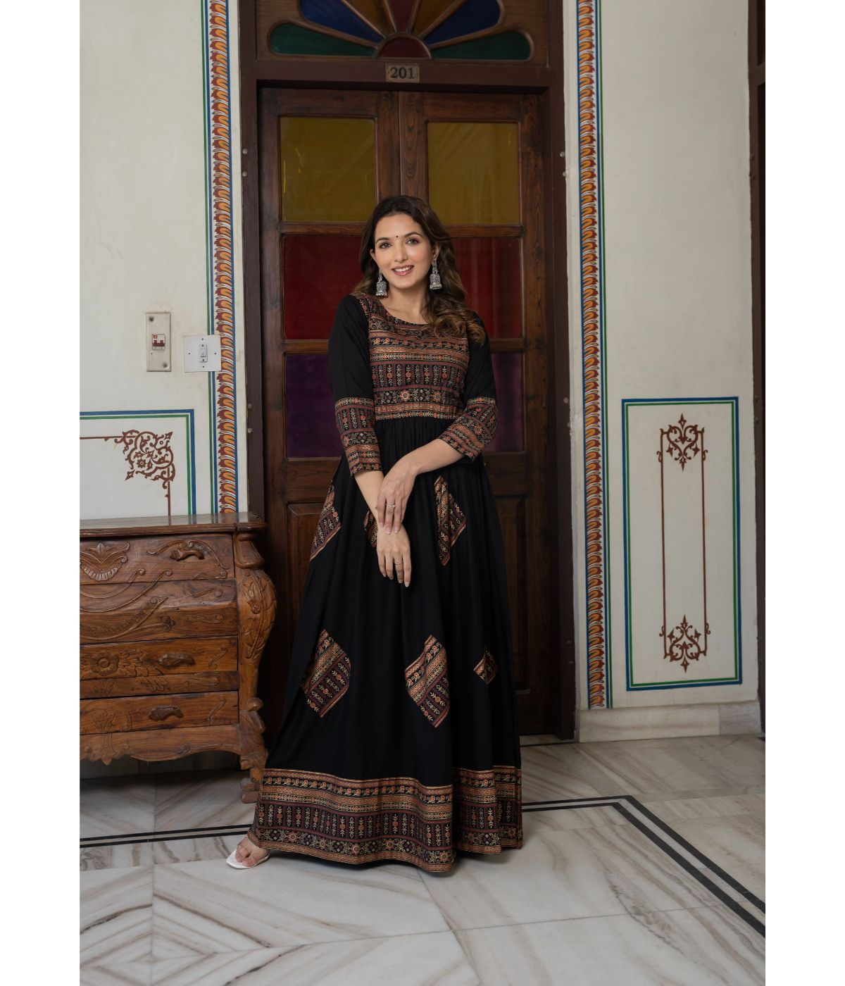 Elegant Gold Printed Black Fit and Flare Kurta