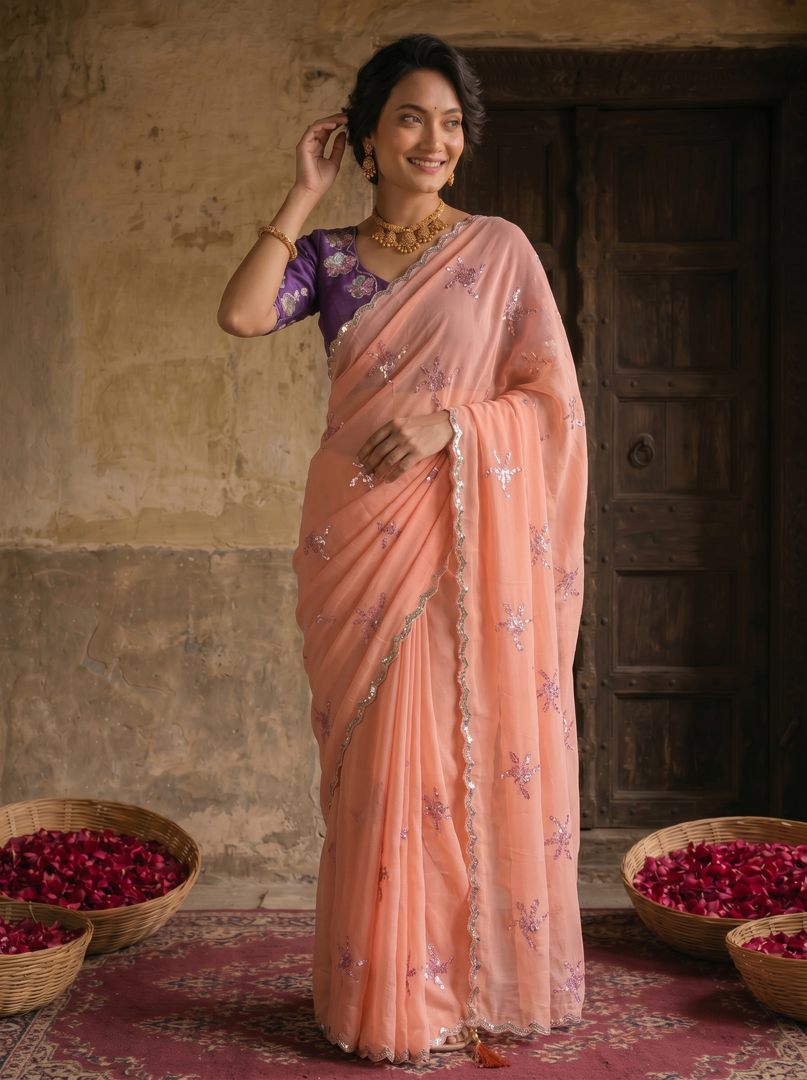 Peach pink georgette embroidered saree with floral sequin work contrast purple blouse