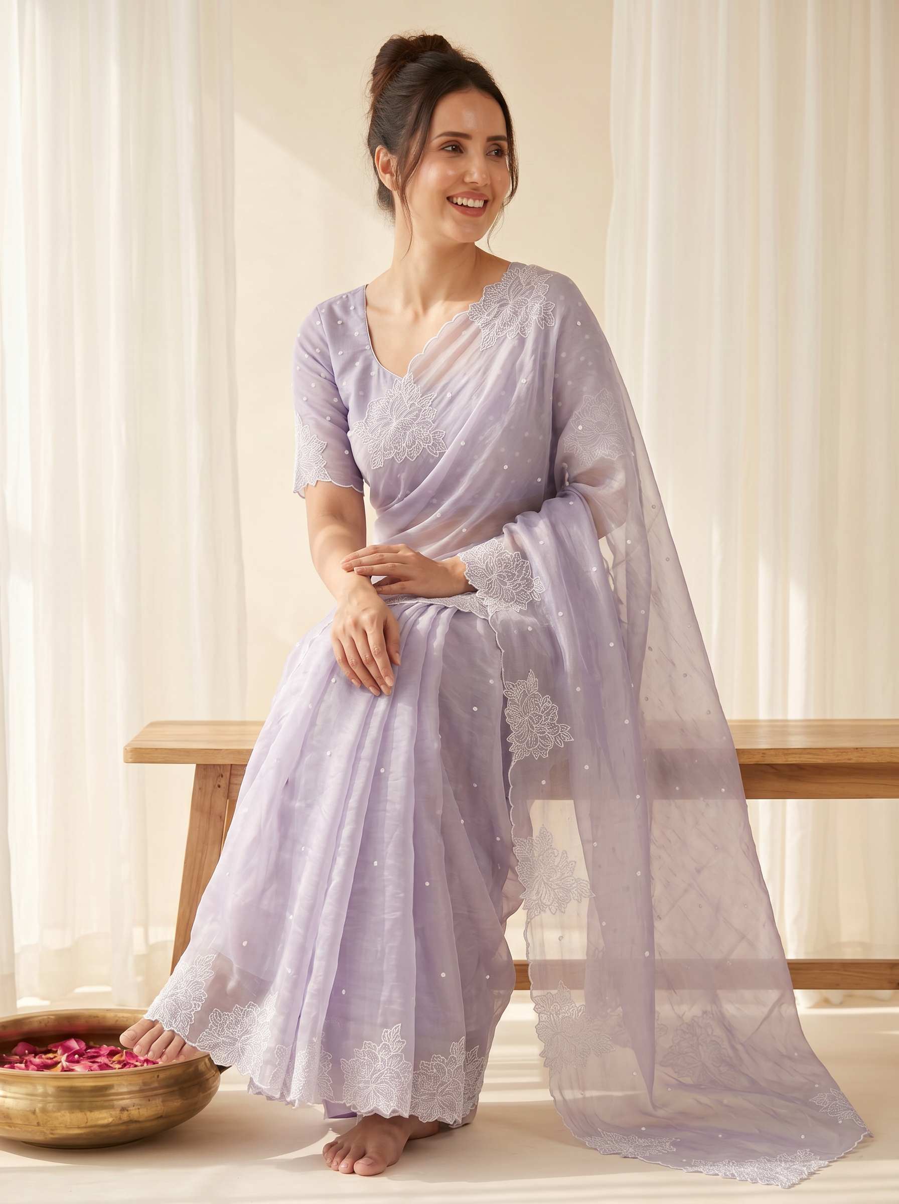Lavender Pure Raspberry Crush Silk Saree with Lucknowi Embroidery