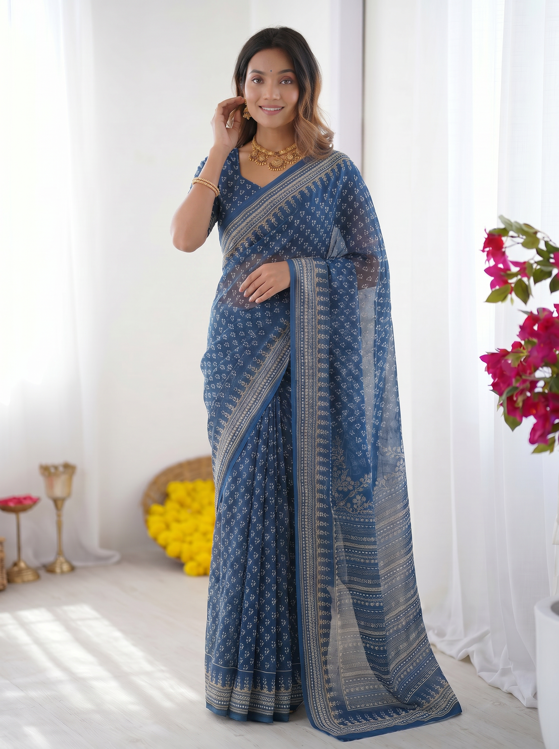 Steel blue modal silk saree with delicate floral butti prints traditional heritage border elegant designer pallu