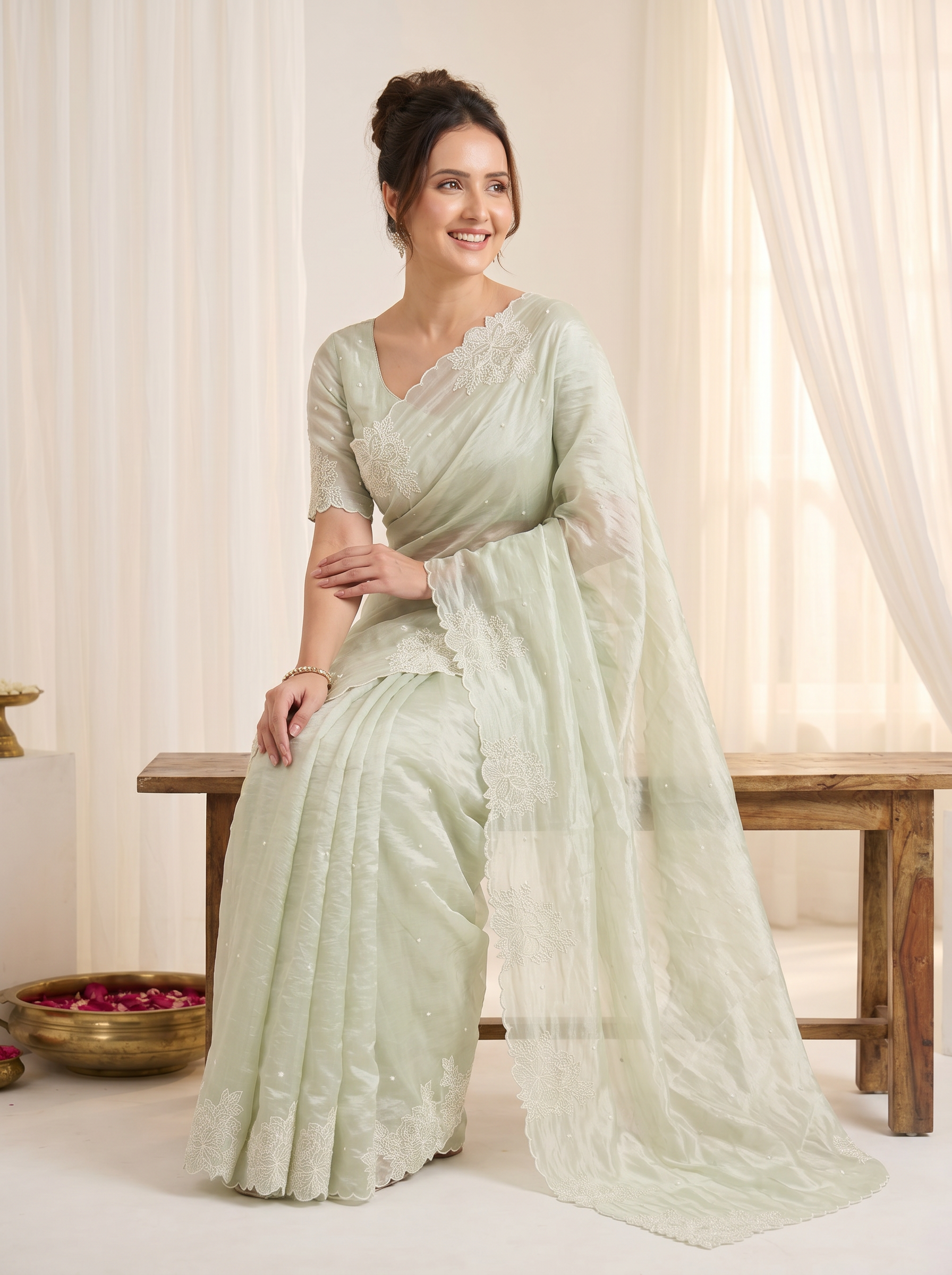 Pista Pure Raspberry Crush Silk Saree with Lucknowi Embroidery