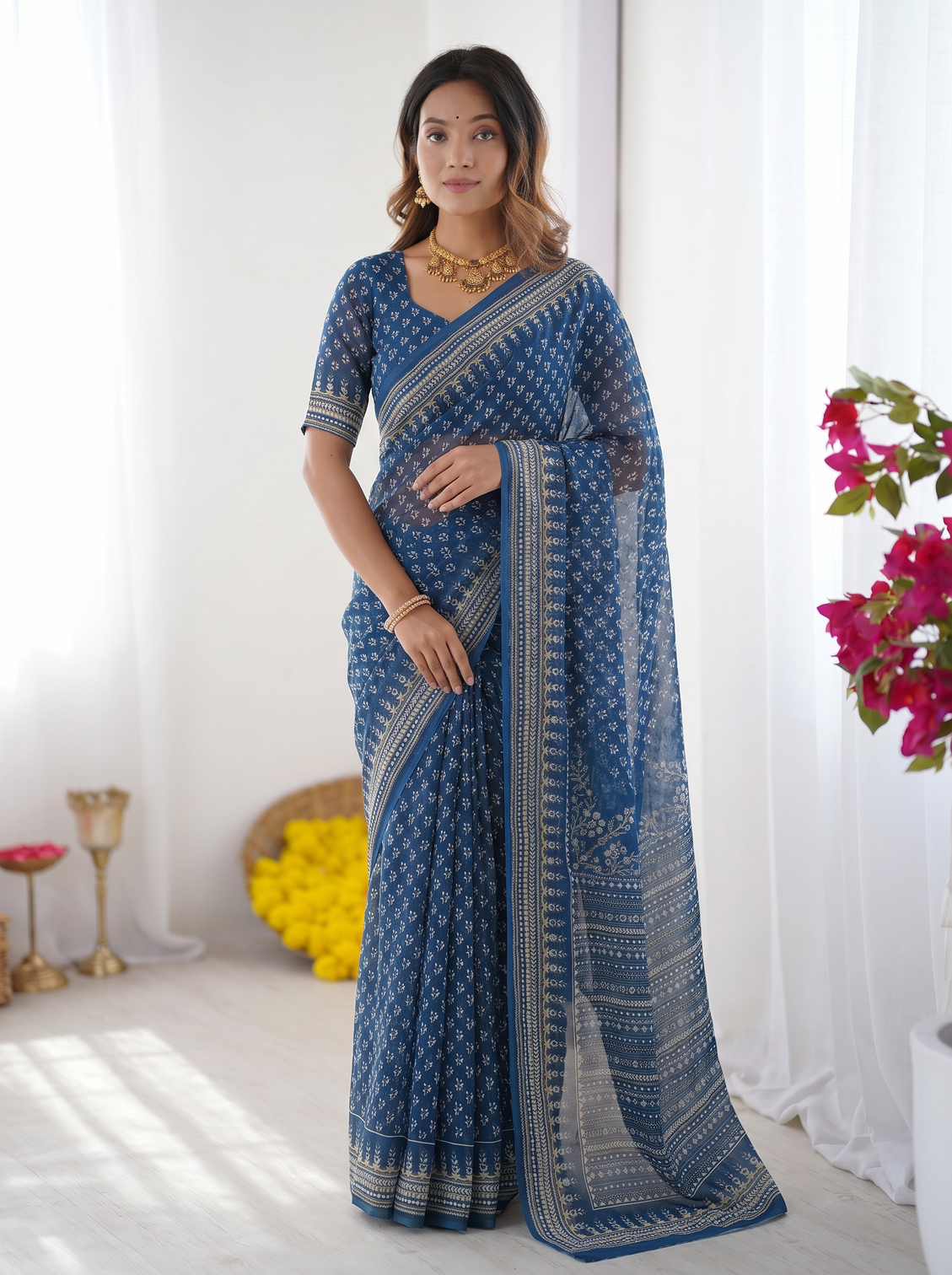 Steel blue modal silk saree with delicate floral butti prints traditional heritage border elegant designer pallu mameraa