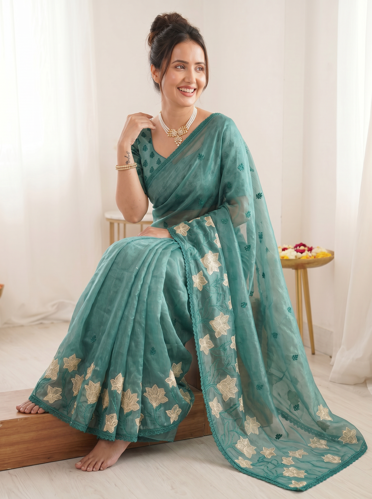 Denim Pure Oris Silk Saree with Embroidered Lotus Buttis & Applique Border