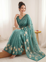 Denim Pure Oris Silk Saree with Embroidered Lotus Buttis & Applique Border