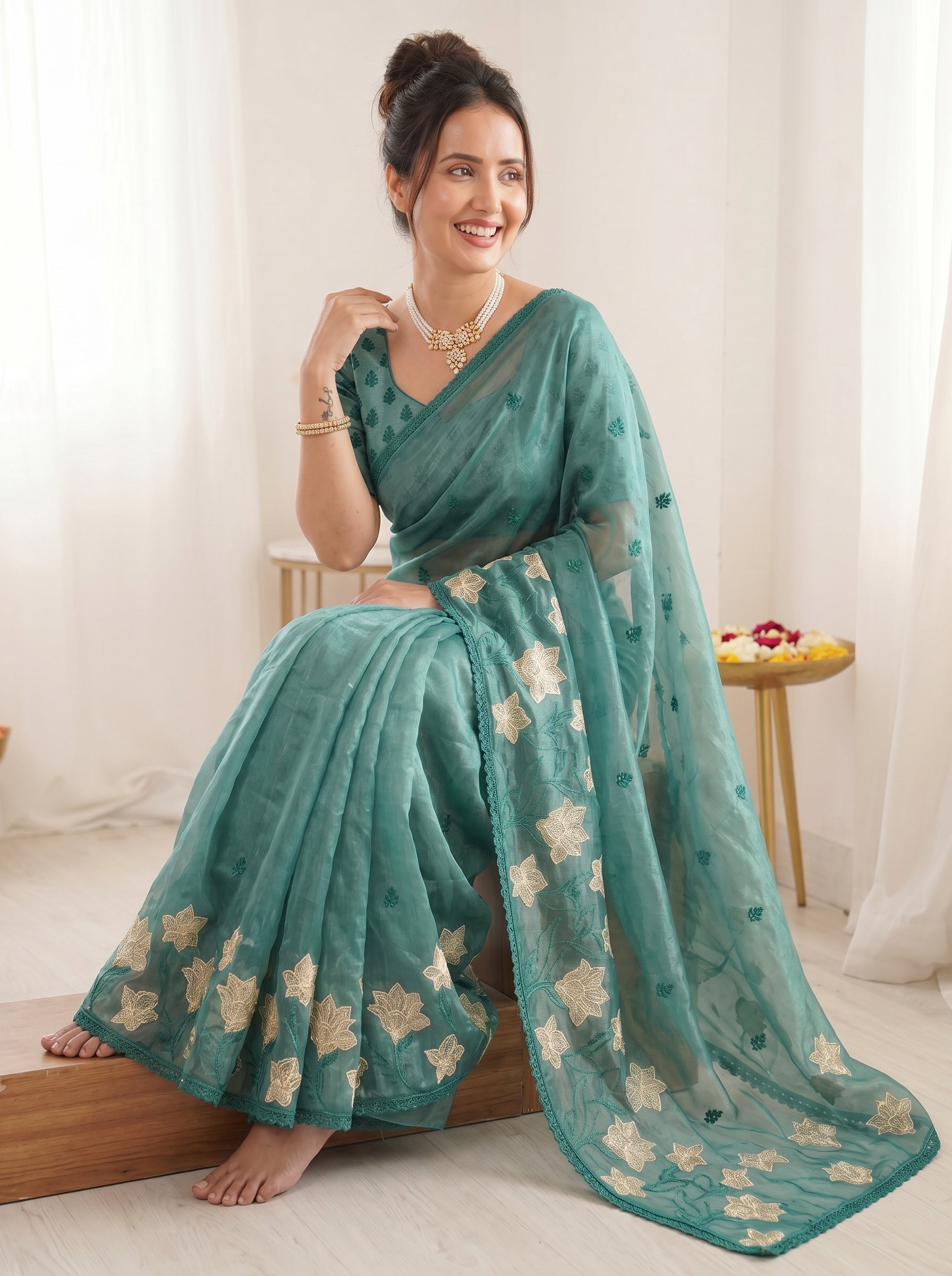 Denim Pure Oris Silk Saree with Embroidered Lotus Buttis & Applique Border