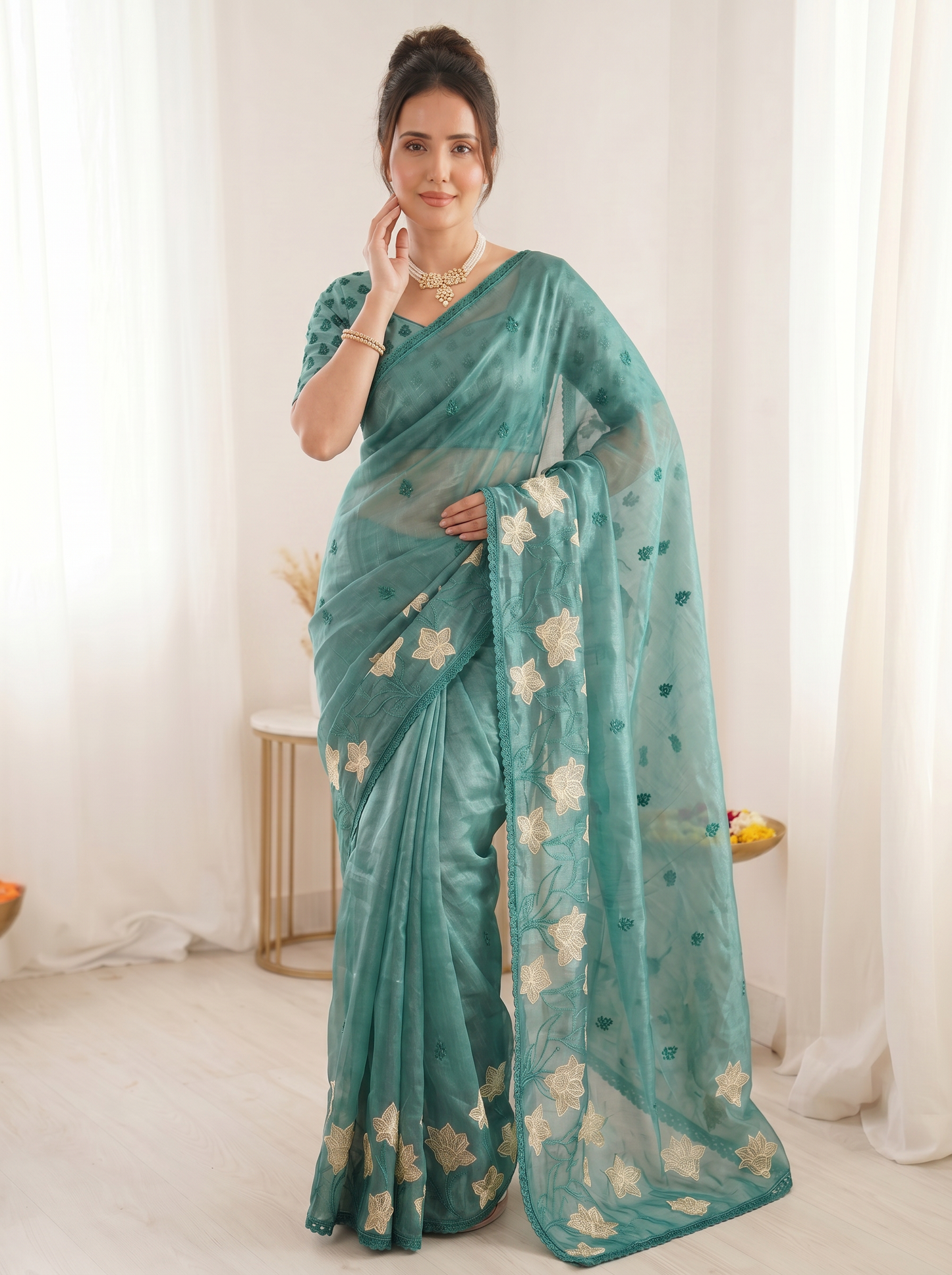 Denim Pure Oris Silk Saree with Embroidered Lotus Buttis & Applique Border