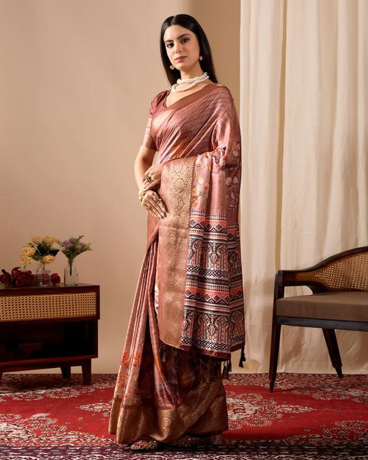 Women's Rose Gold Linen Silk Saree with Traditional Woven Border & Designer Ethnic Pallu