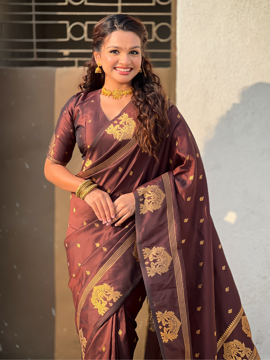Coffee Brown Soft Silk Traditional Zari Woven Saree