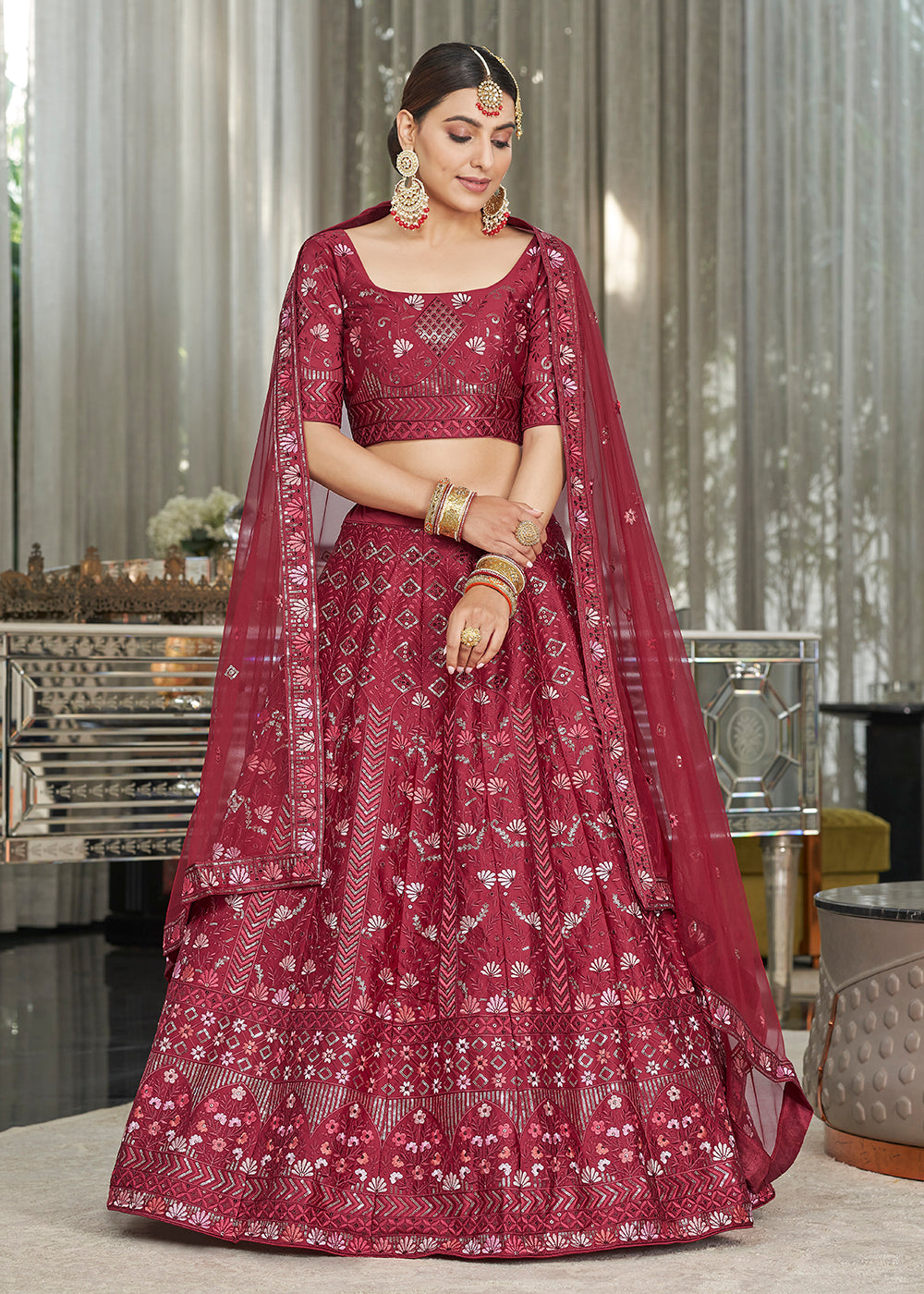 Maroon Multi Sequins & Thread Wedding A Line Lehenga