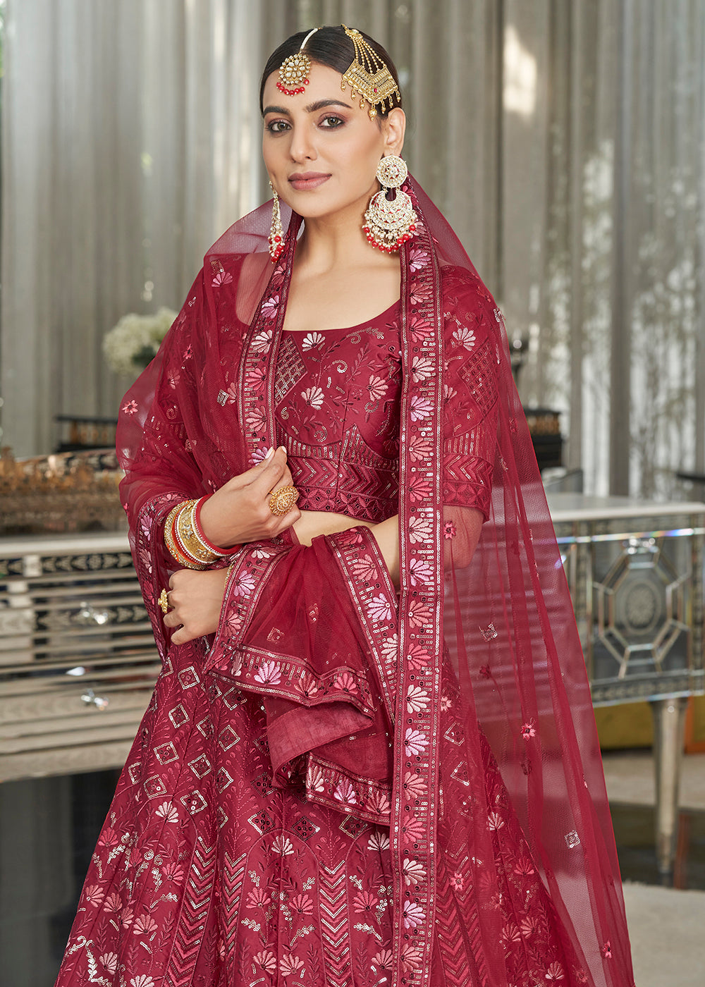 Maroon Multi Sequins & Thread Wedding A Line Lehenga