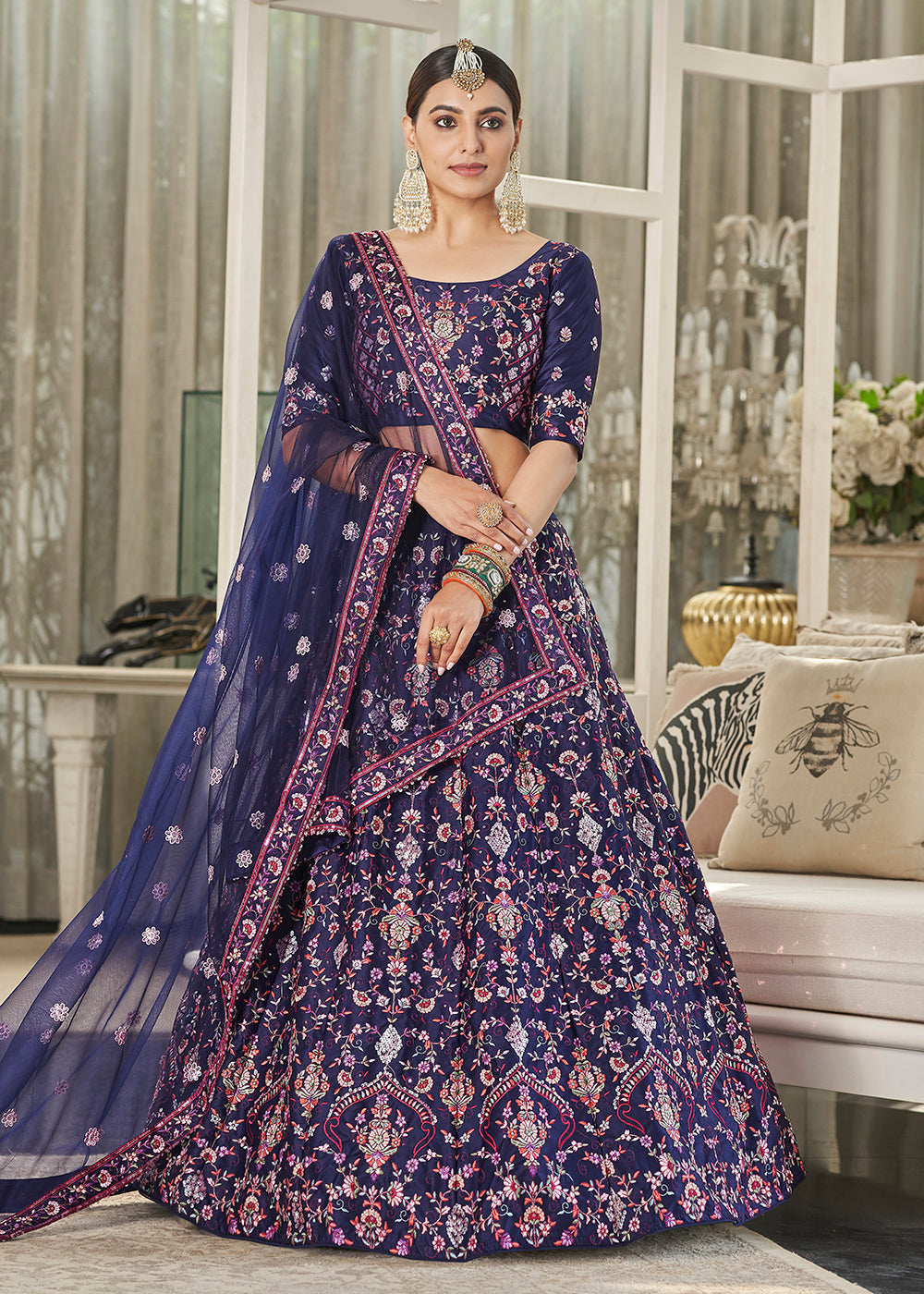 Navy Blue Multi Sequins & Thread Wedding A Line Lehenga