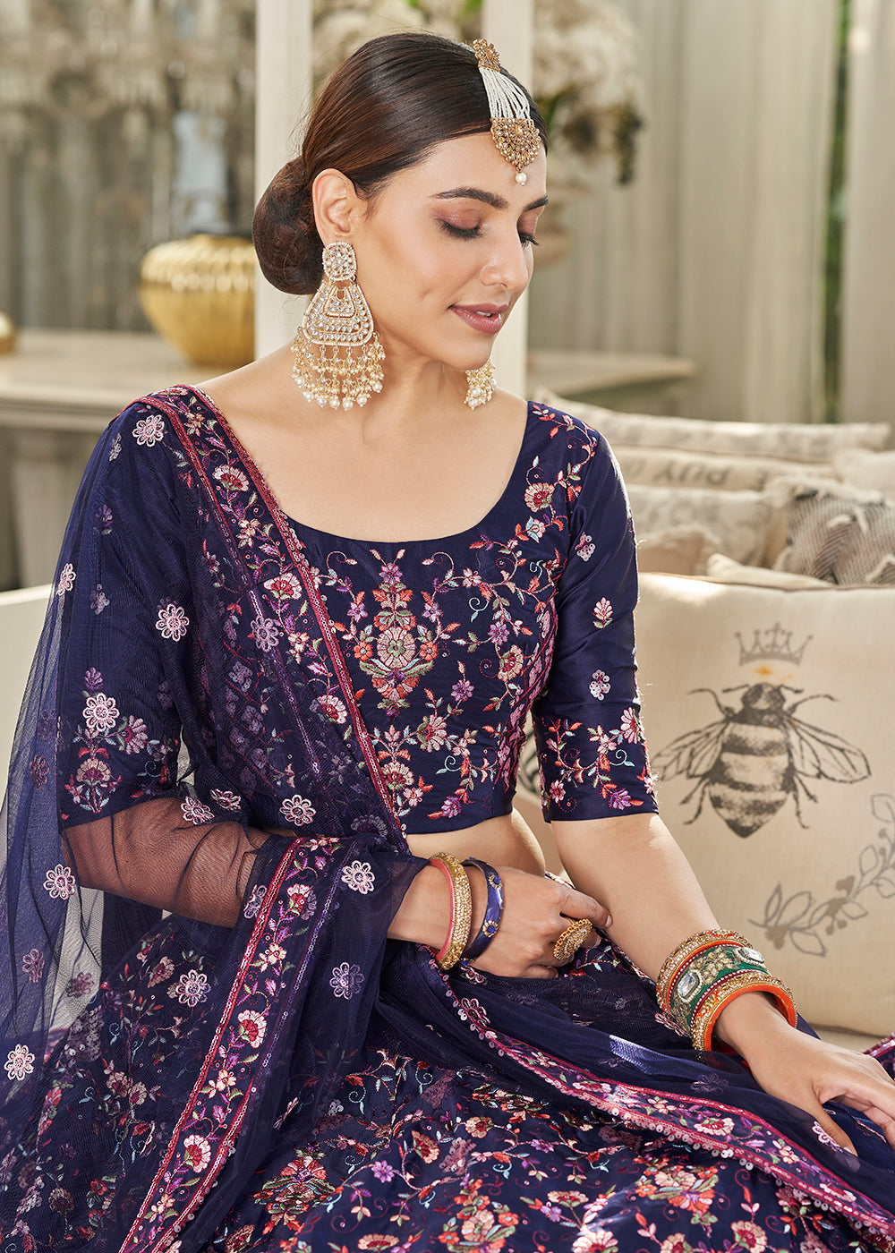 Navy Blue Multi Sequins & Thread Wedding A Line Lehenga