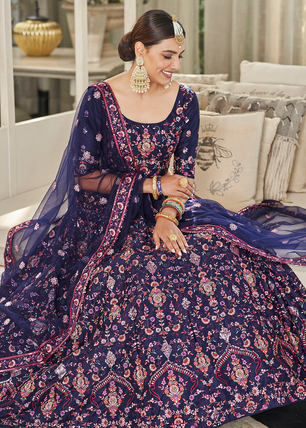 Navy Blue Multi Sequins & Thread Wedding A Line Lehenga