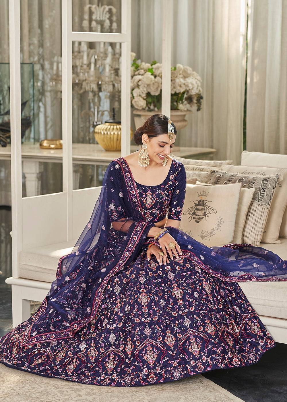 Navy Blue Multi Sequins & Thread Wedding A Line Lehenga