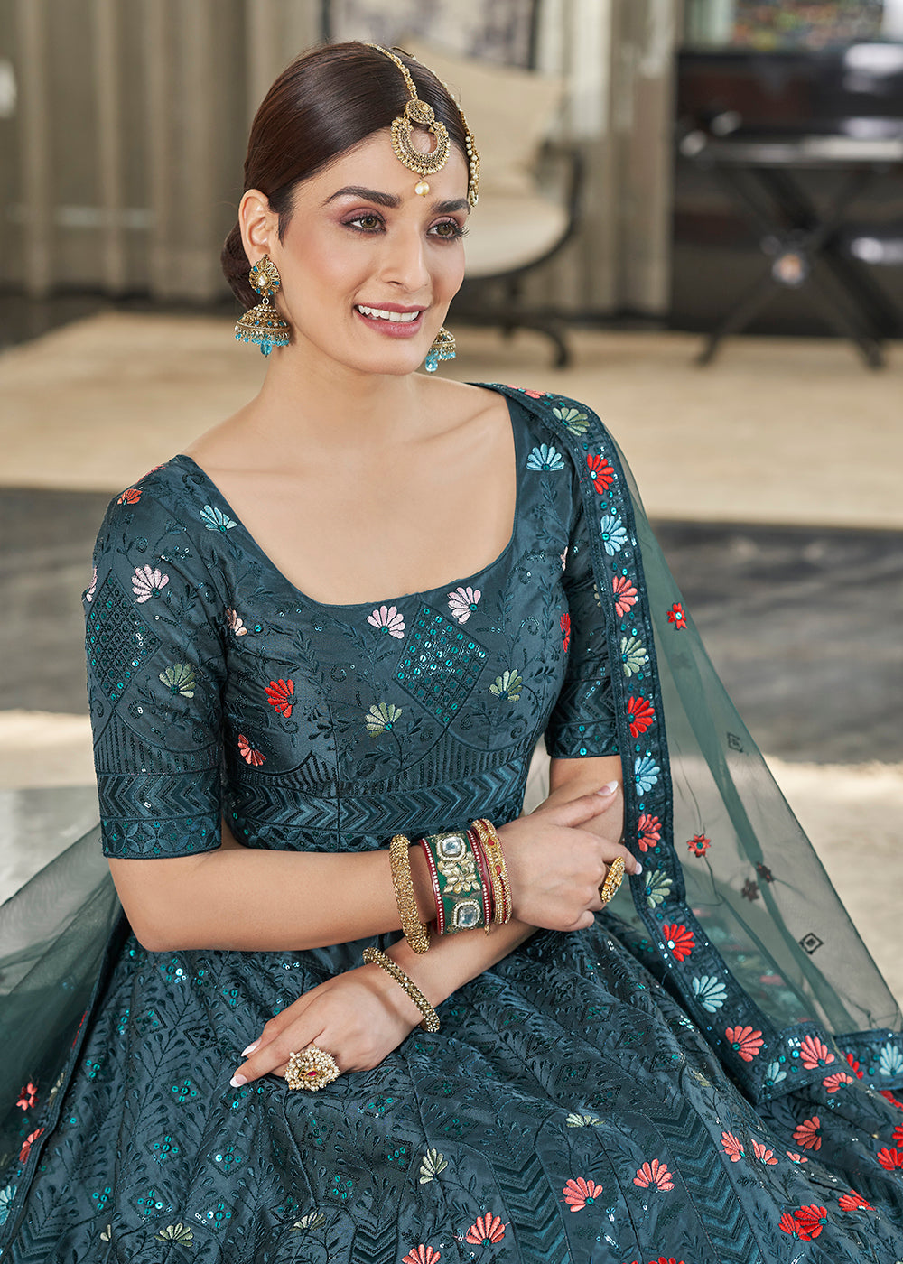 Teal Green Multi Sequins & Thread Wedding A Line Lehenga