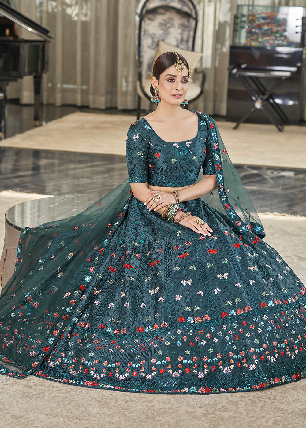 Teal Green Multi Sequins & Thread Wedding A Line Lehenga