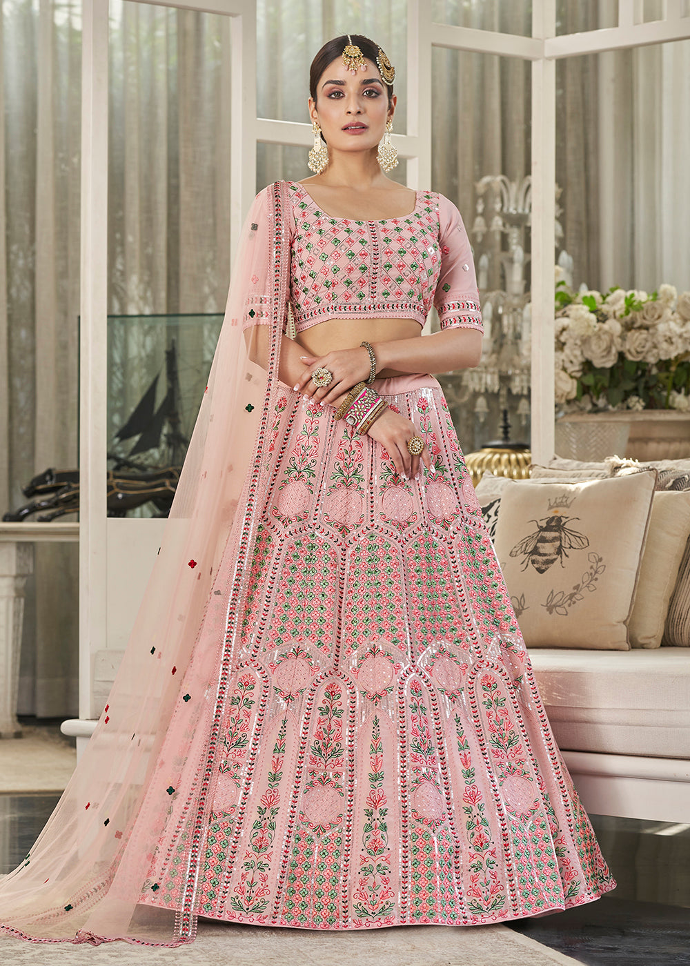 Pink Multi Sequins & Thread Wedding A Line Lehenga