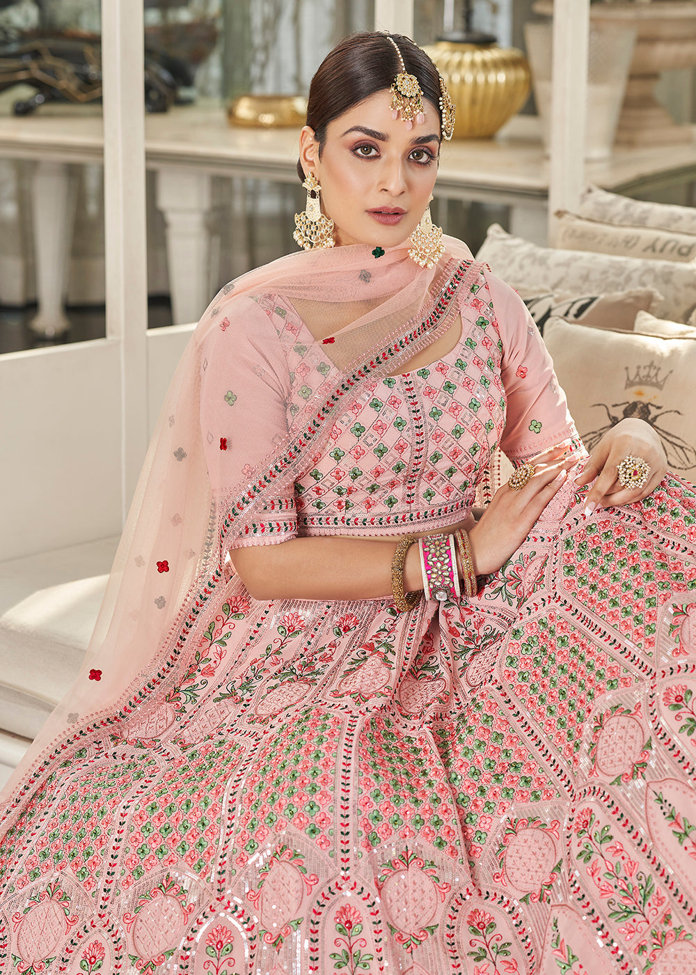 Pink Multi Sequins & Thread Wedding A Line Lehenga