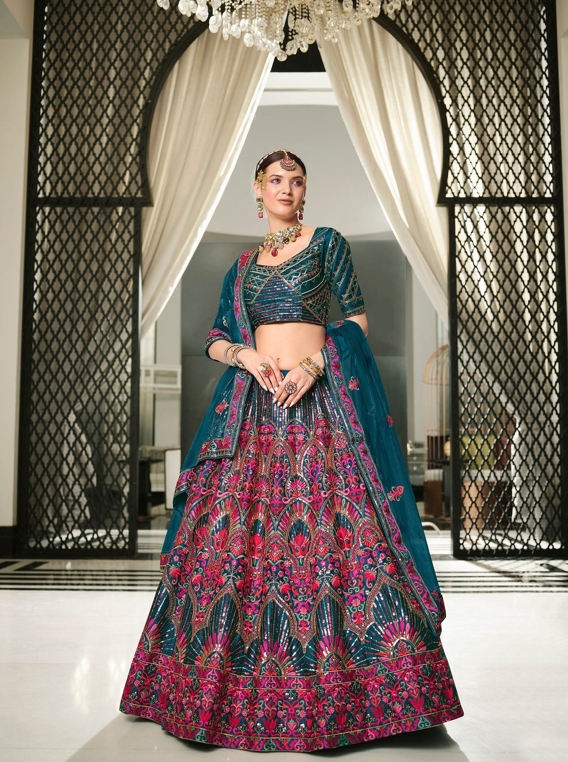 Wedding Wear Teal Blue Sequence Embroidered Work Lehenga Choli