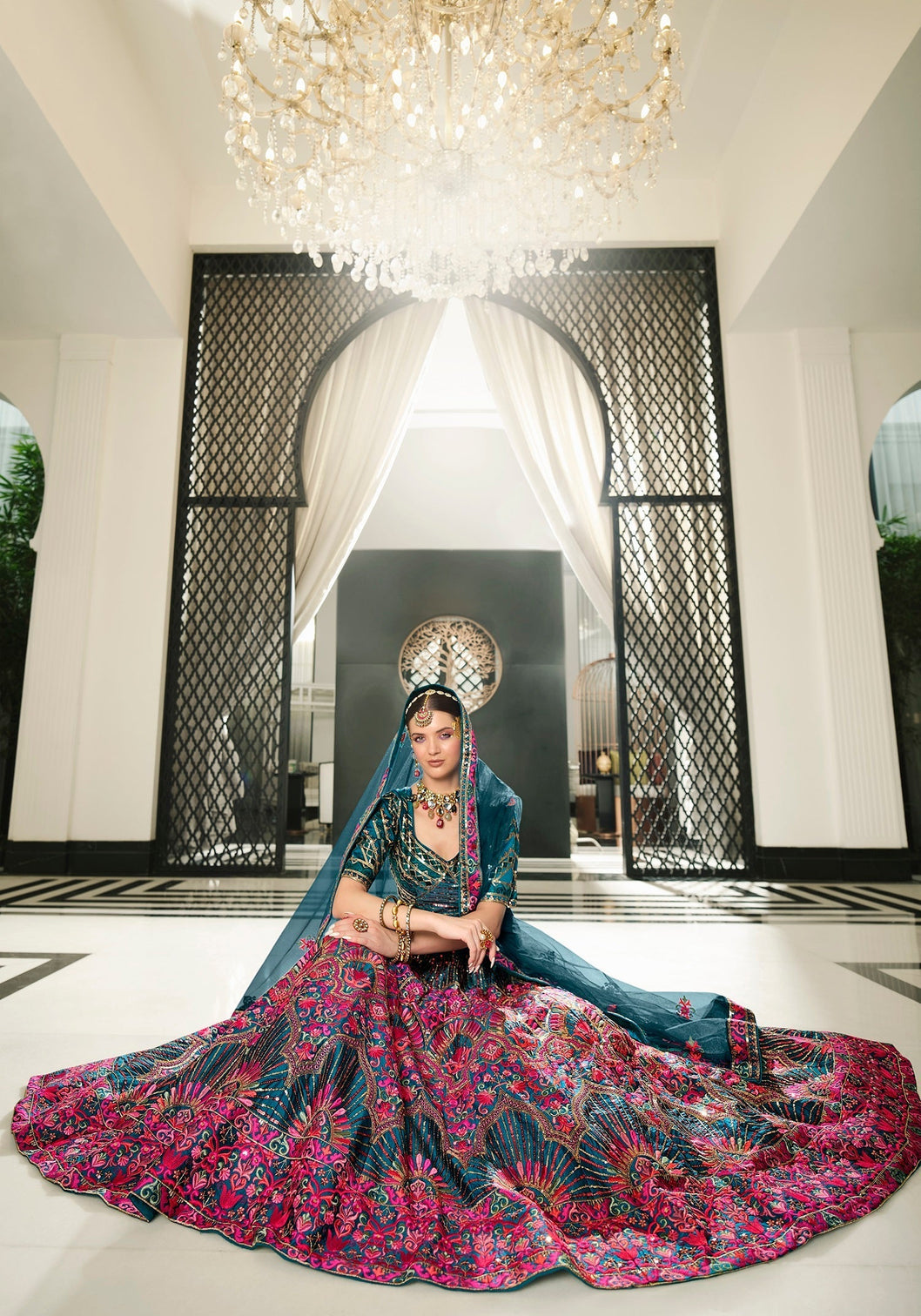 Wedding Wear Teal Blue Sequence Embroidered Work Lehenga Choli