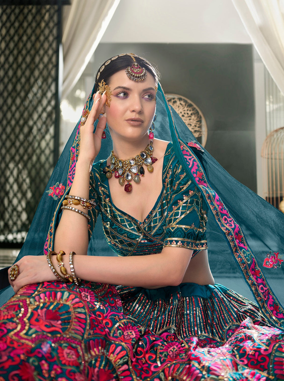 Wedding Wear Teal Blue Sequence Embroidered Work Lehenga Choli