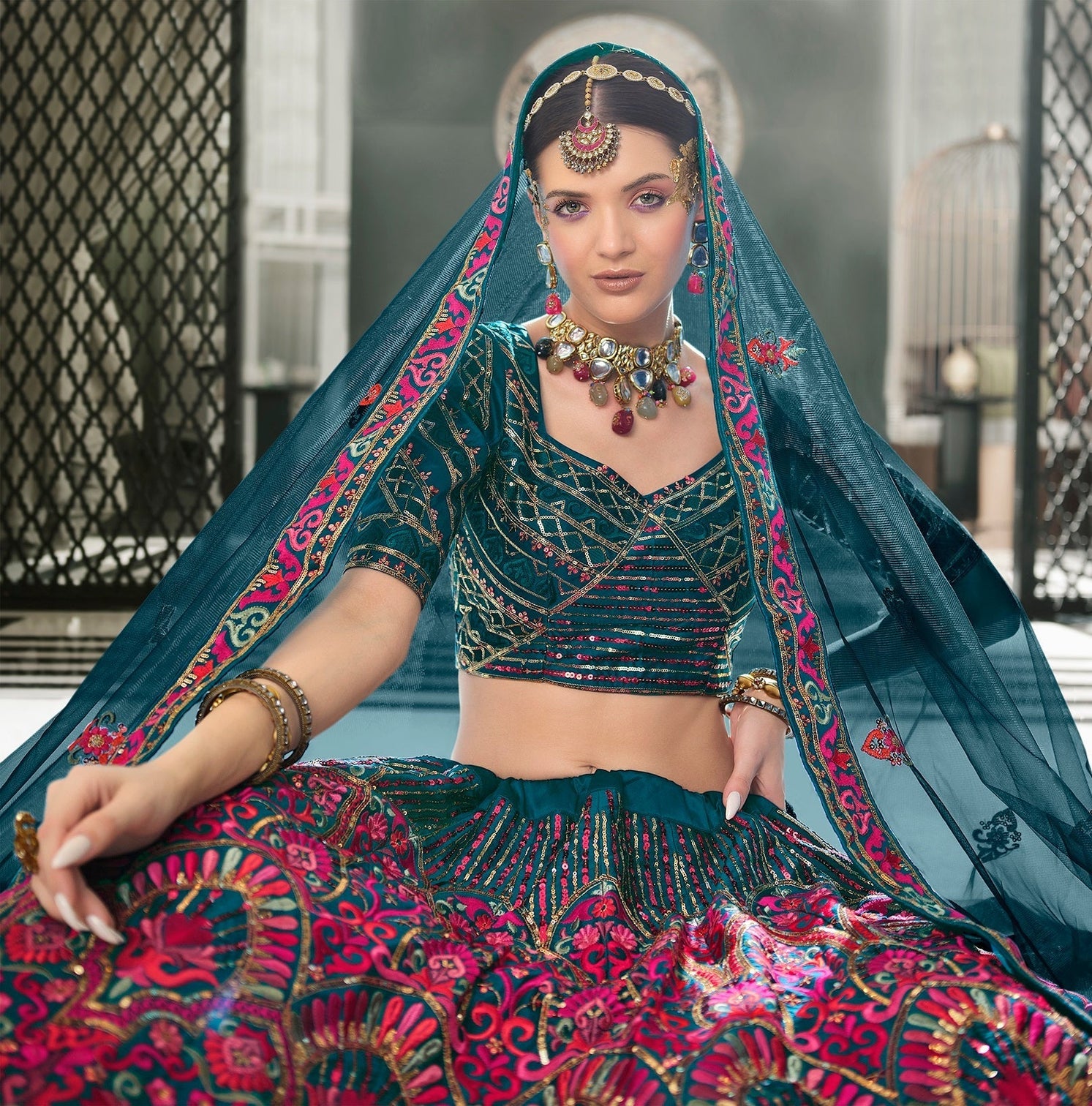 Wedding Wear Teal Blue Sequence Embroidered Work Lehenga Choli