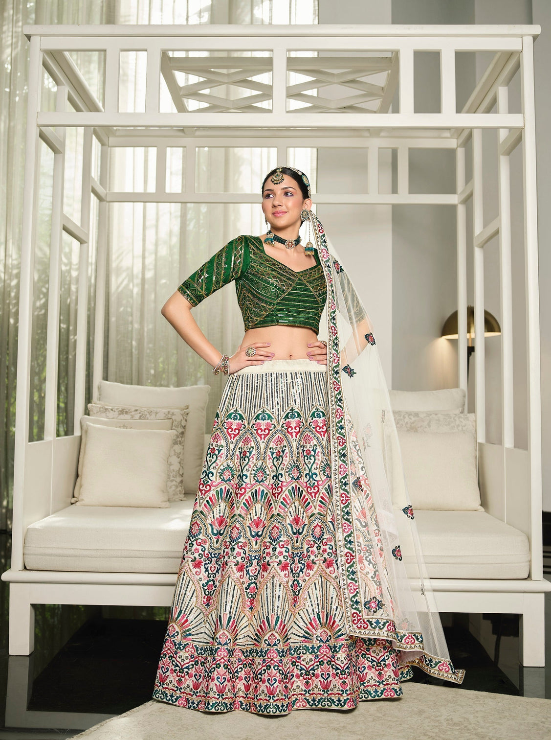 Wedding Wear White With Green Sequence Embroidered Work Lehenga Choli