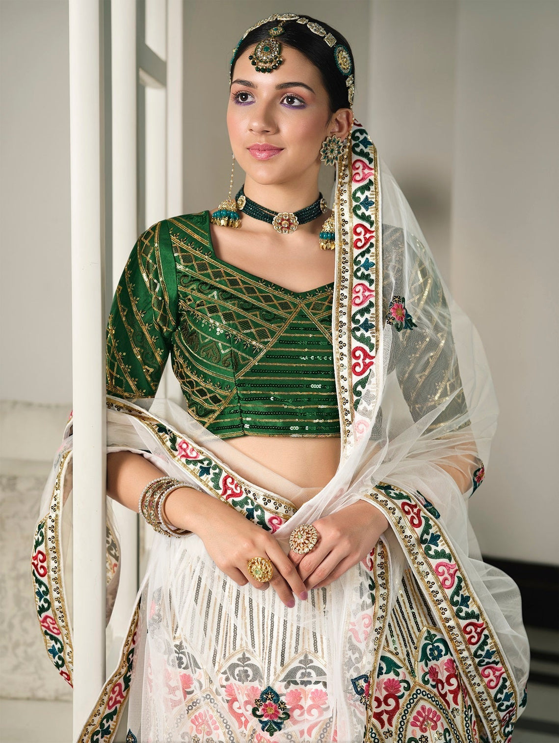 Wedding Wear White With Green Sequence Embroidered Work Lehenga Choli