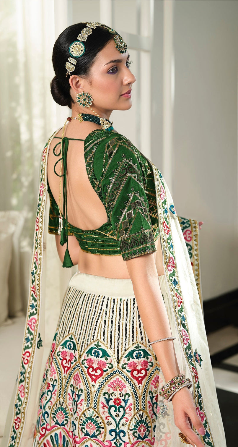 Wedding Wear White With Green Sequence Embroidered Work Lehenga Choli