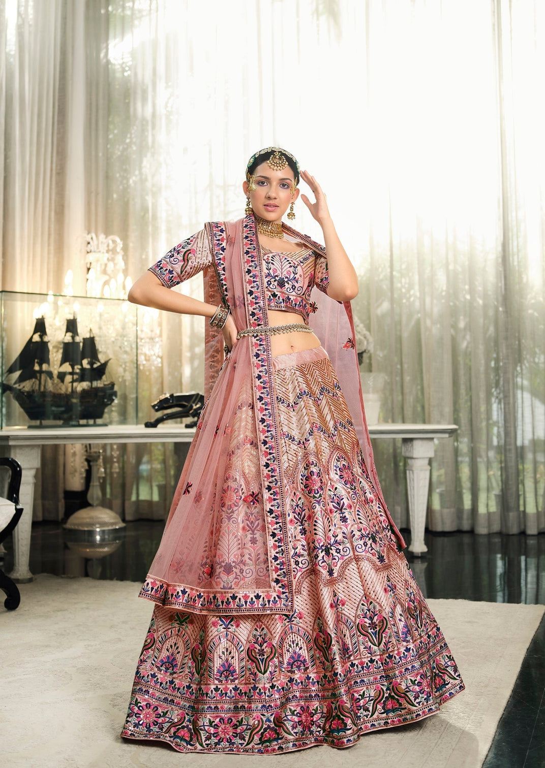 Wedding Wear Peach Sequence Embroidered Work Lehenga Choli