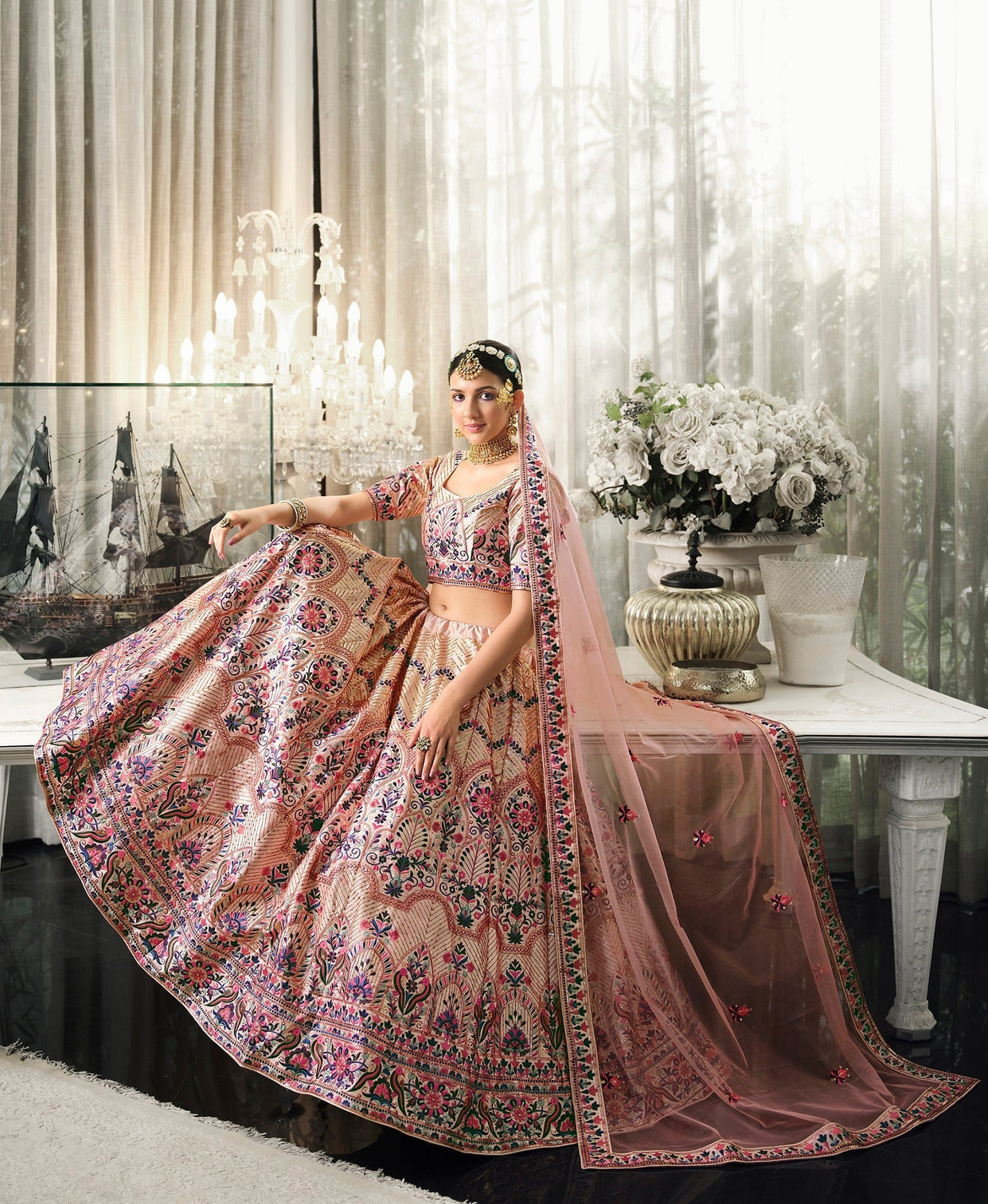Wedding Wear Peach Sequence Embroidered Work Lehenga Choli