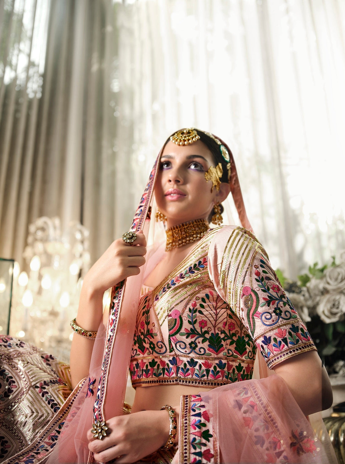 Wedding Wear Peach Sequence Embroidered Work Lehenga Choli