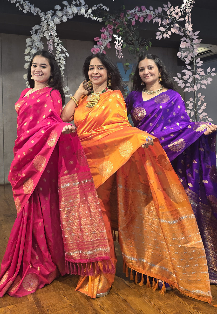 Pink soft silk dual zari woven saree with peacock border