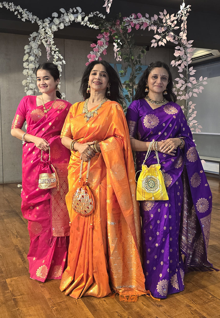 Pink soft silk dual zari woven saree with peacock border