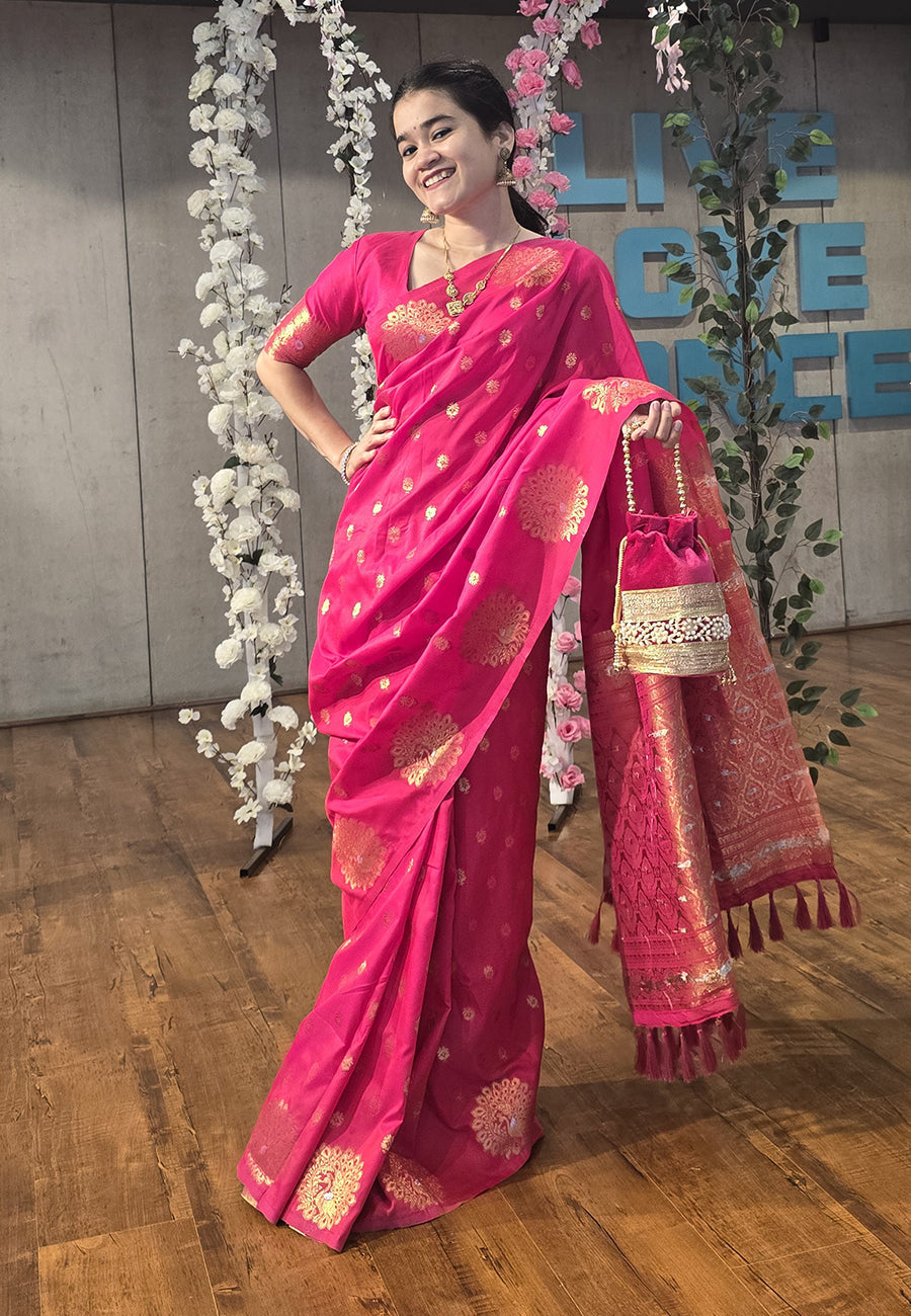 Pink soft silk dual zari woven saree with peacock border