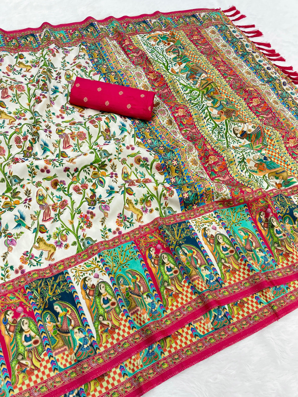 Cream pure viscose silk position printed darbari saree