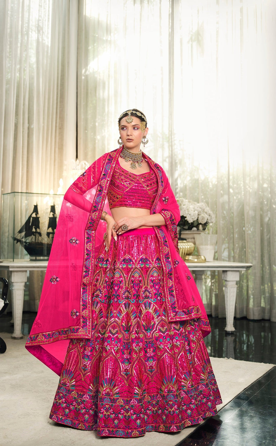 Wedding Wear Dark Pink Sequence Embroidered Work Lehenga Choli