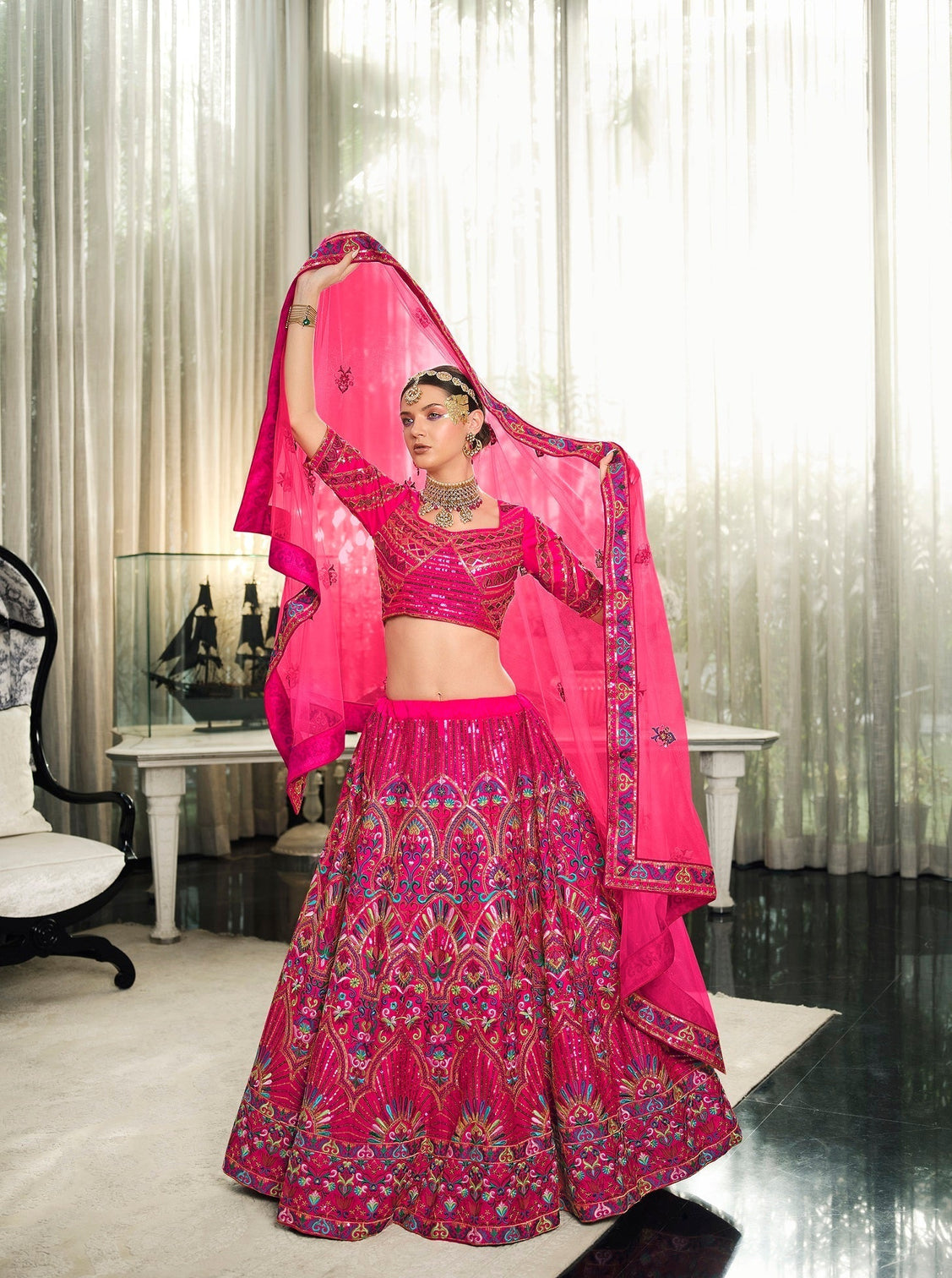 Wedding Wear Dark Pink Sequence Embroidered Work Lehenga Choli