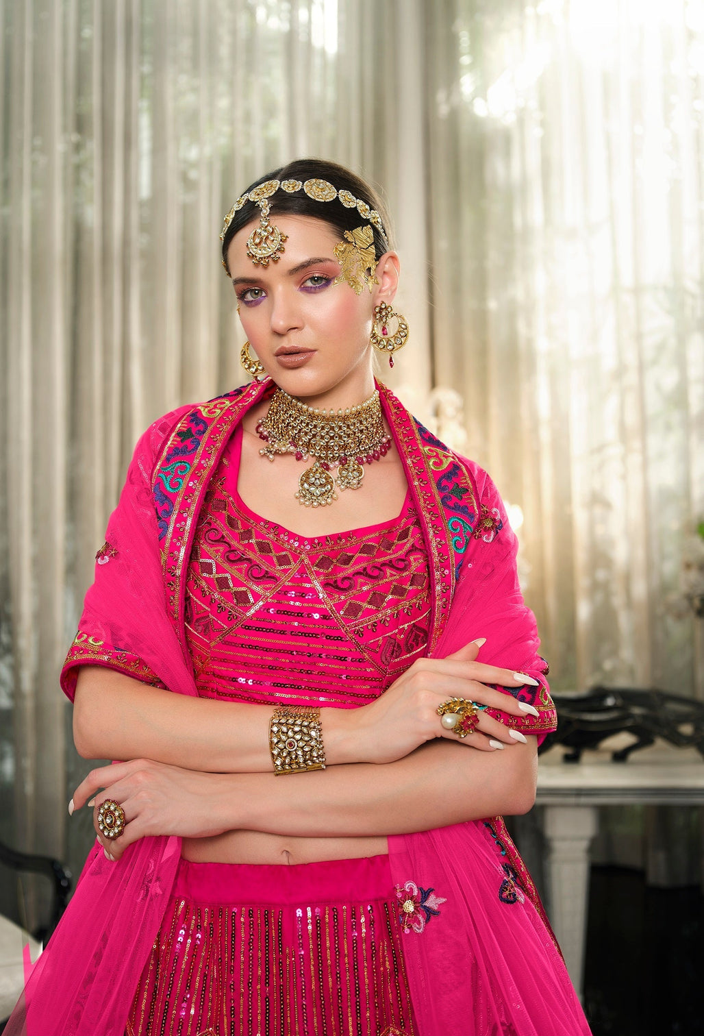 Wedding Wear Dark Pink Sequence Embroidered Work Lehenga Choli