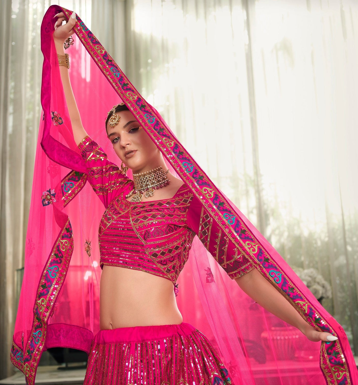 Wedding Wear Dark Pink Sequence Embroidered Work Lehenga Choli