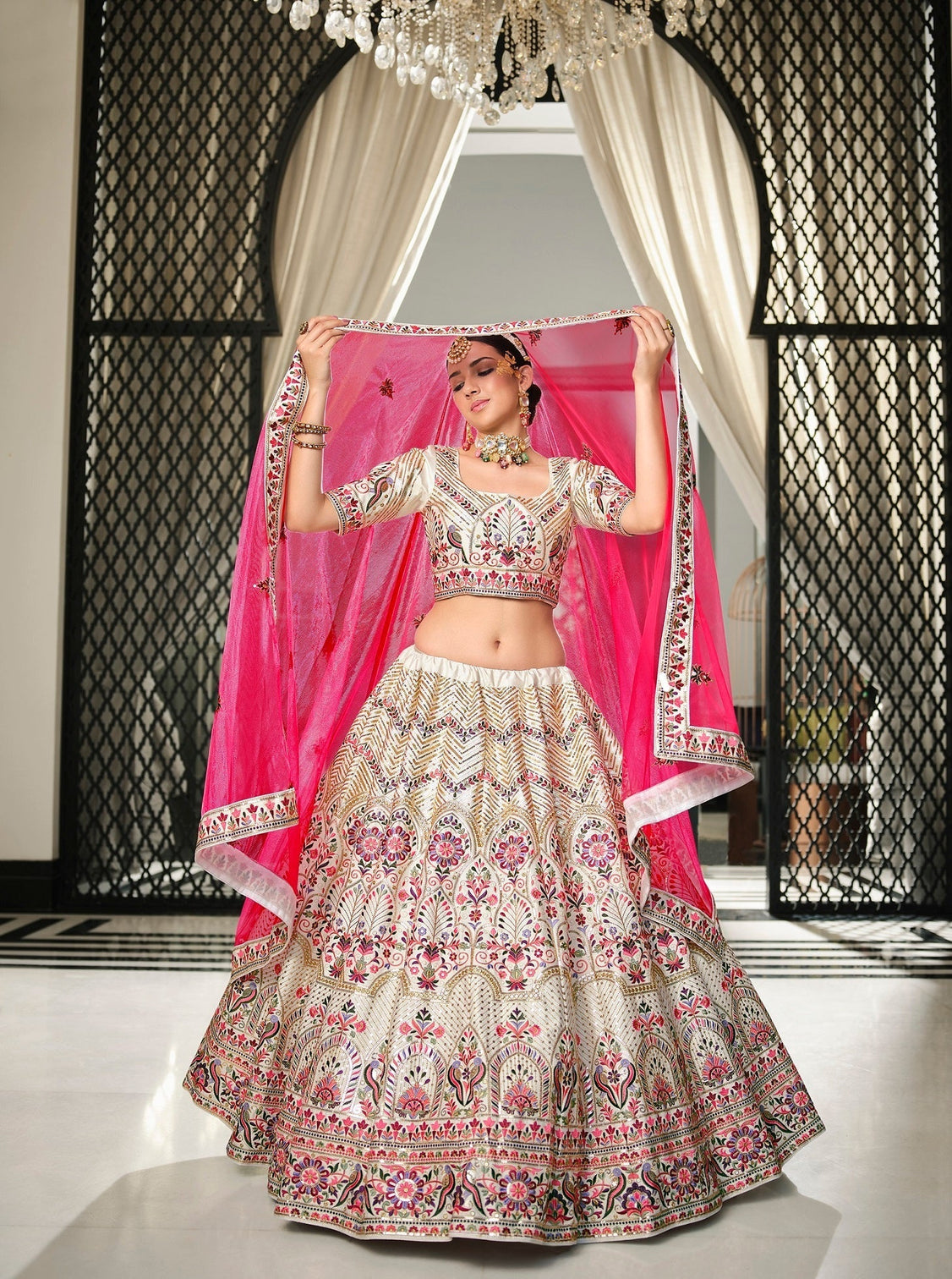 Wedding Wear White With Pink Sequence Embroidered Work Lehenga Choli