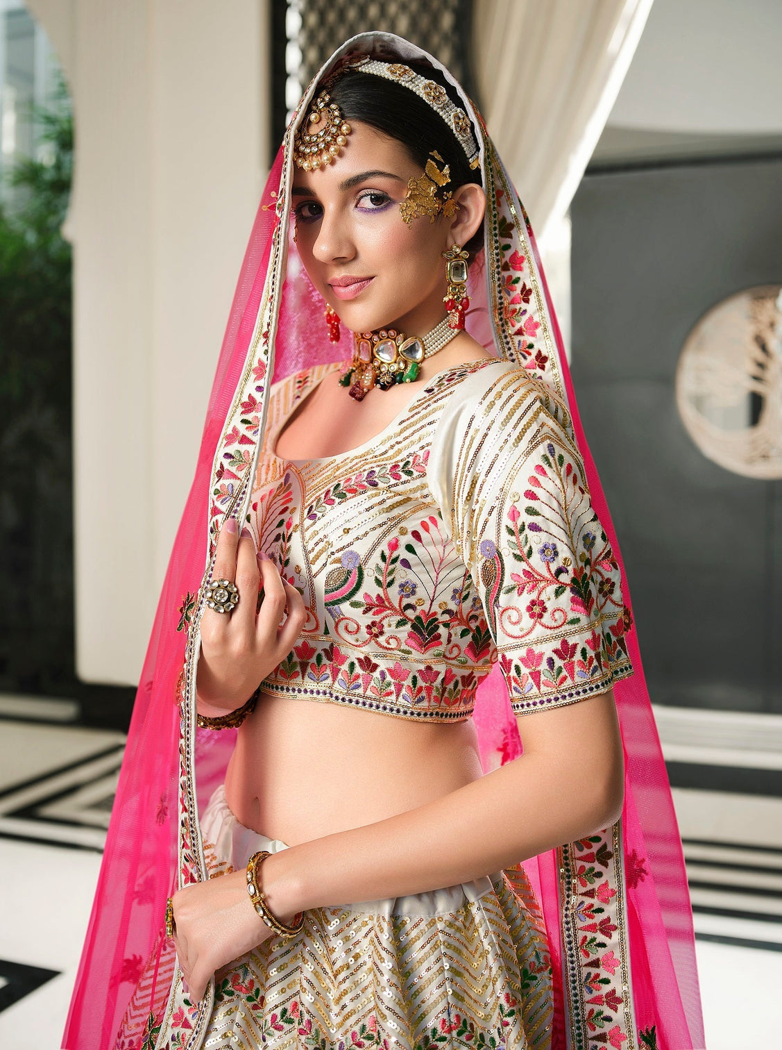 Wedding Wear White With Pink Sequence Embroidered Work Lehenga Choli