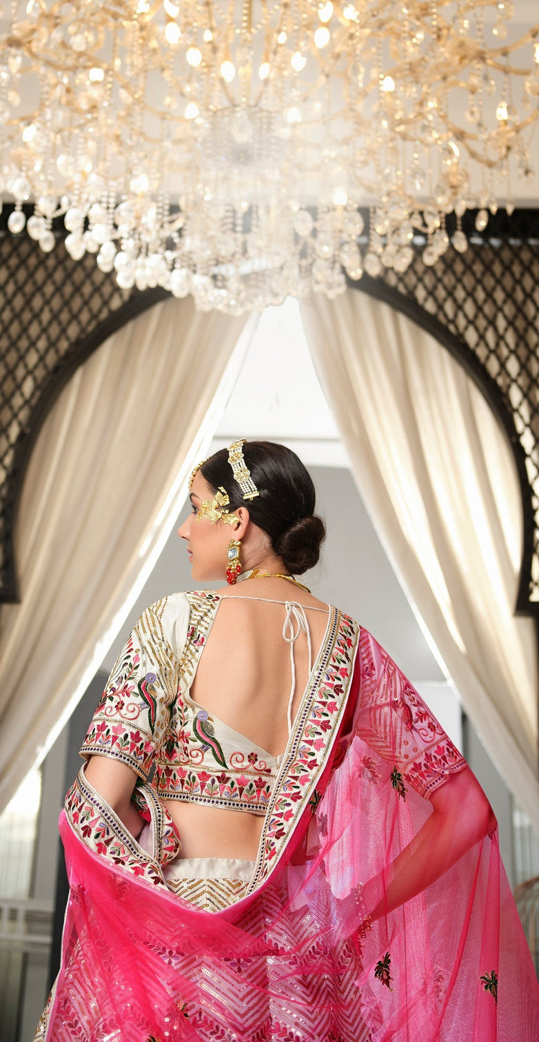 Wedding Wear White With Pink Sequence Embroidered Work Lehenga Choli