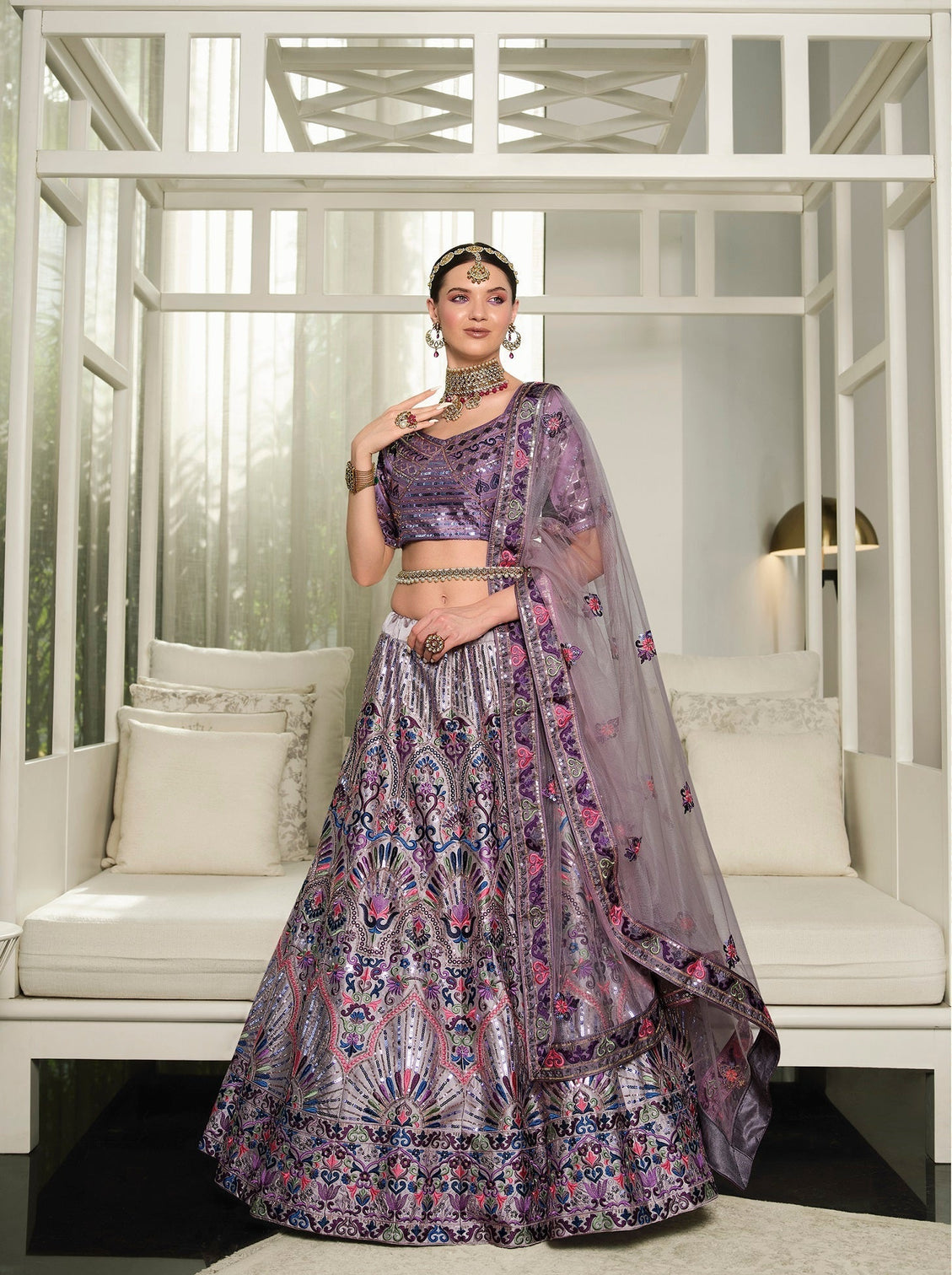 Wedding Wear Dusty Pink With Purple Sequence Embroidered Work Lehenga Choli