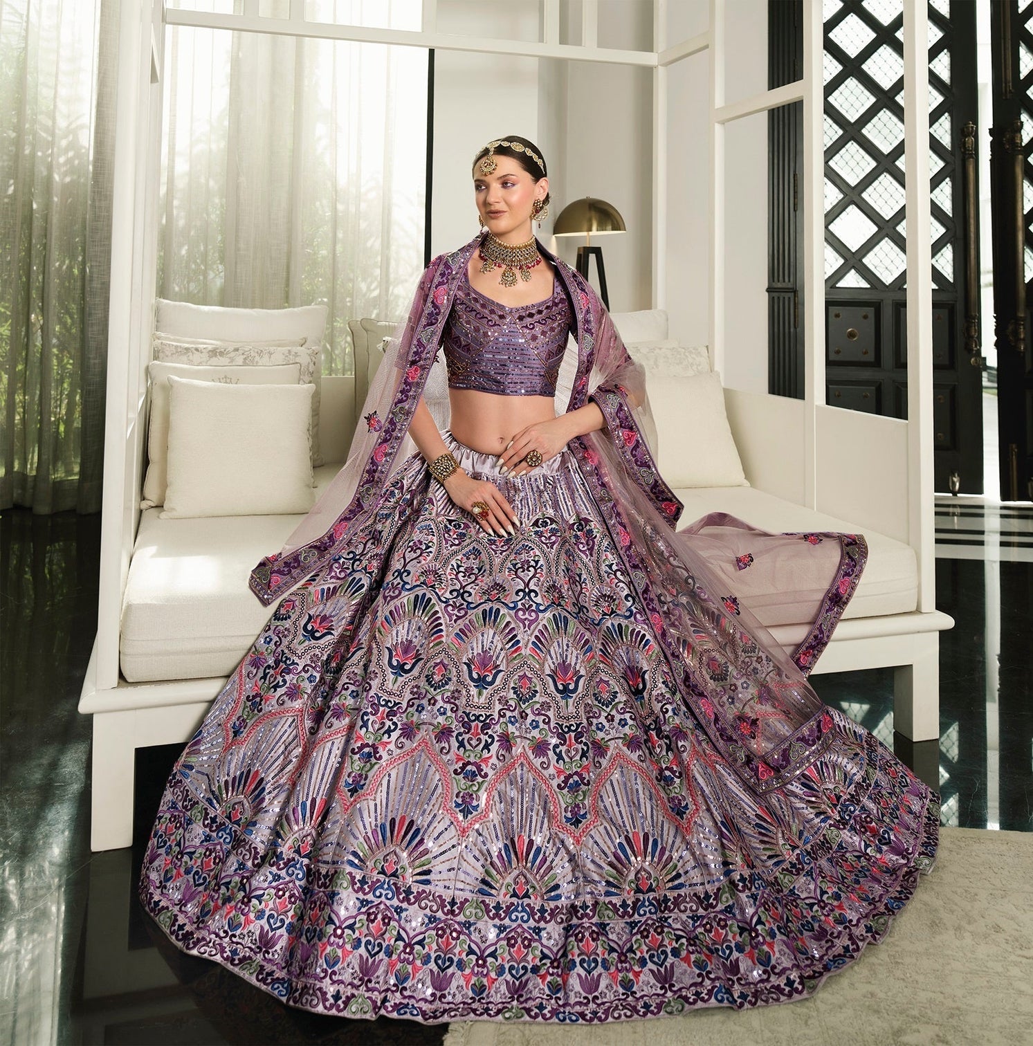 Wedding Wear Dusty Pink With Purple Sequence Embroidered Work Lehenga Choli