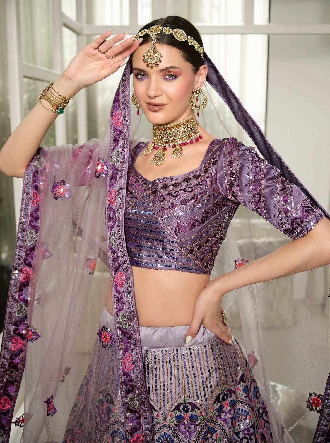 Wedding Wear Dusty Pink With Purple Sequence Embroidered Work Lehenga Choli