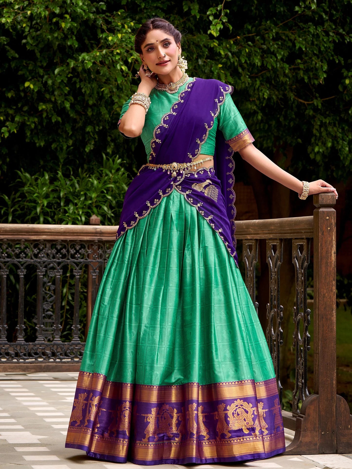 Wonderful Green Zari Weaving Cotton Festival Wear Lehenga Choli With Dupatta