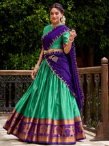Wonderful Green Zari Weaving Cotton Festival Wear Lehenga Choli With Dupatta