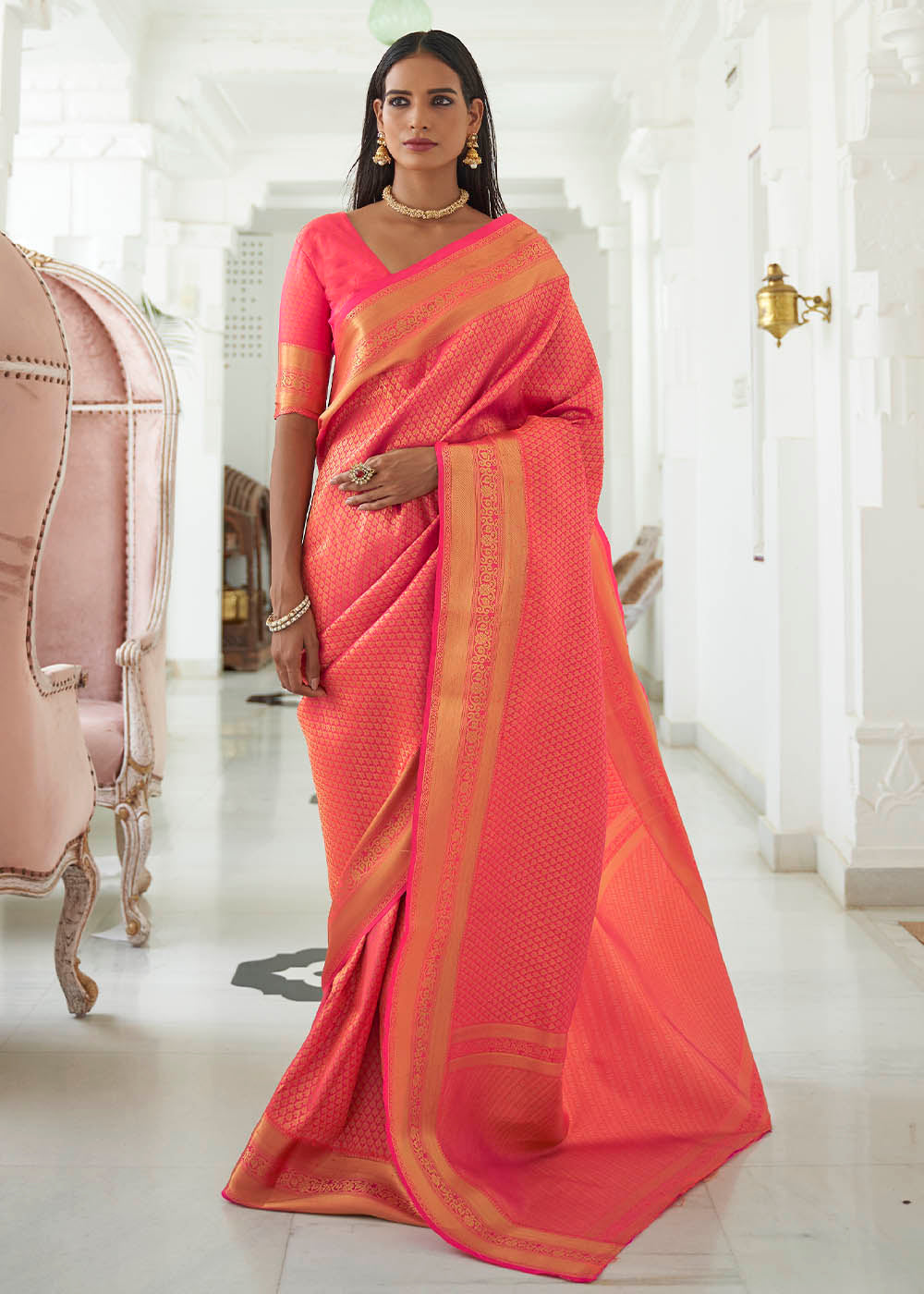 Neon Pink Woven Kanjivaram Silk Saree